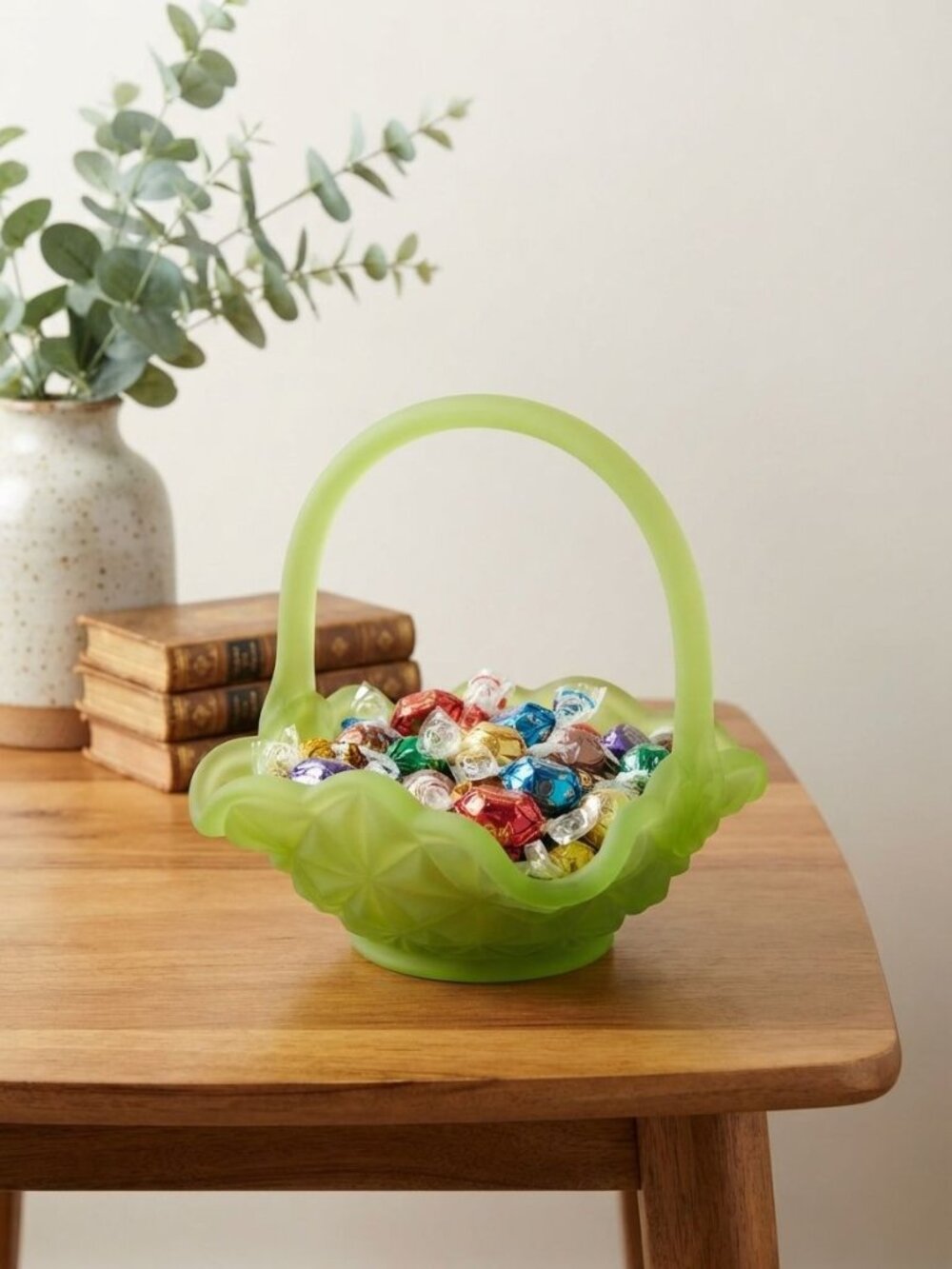 Vintage Fenton Lime Green Satin Glass Basket Daisy and Button Ruffled Candy Dish